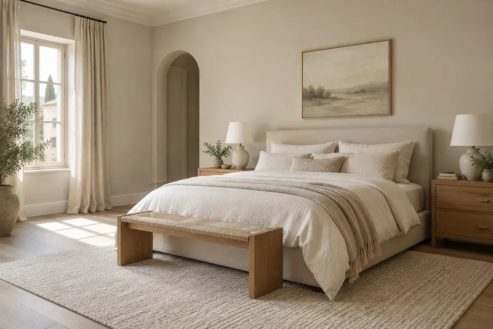 Bedroom with layered bedding and natural light